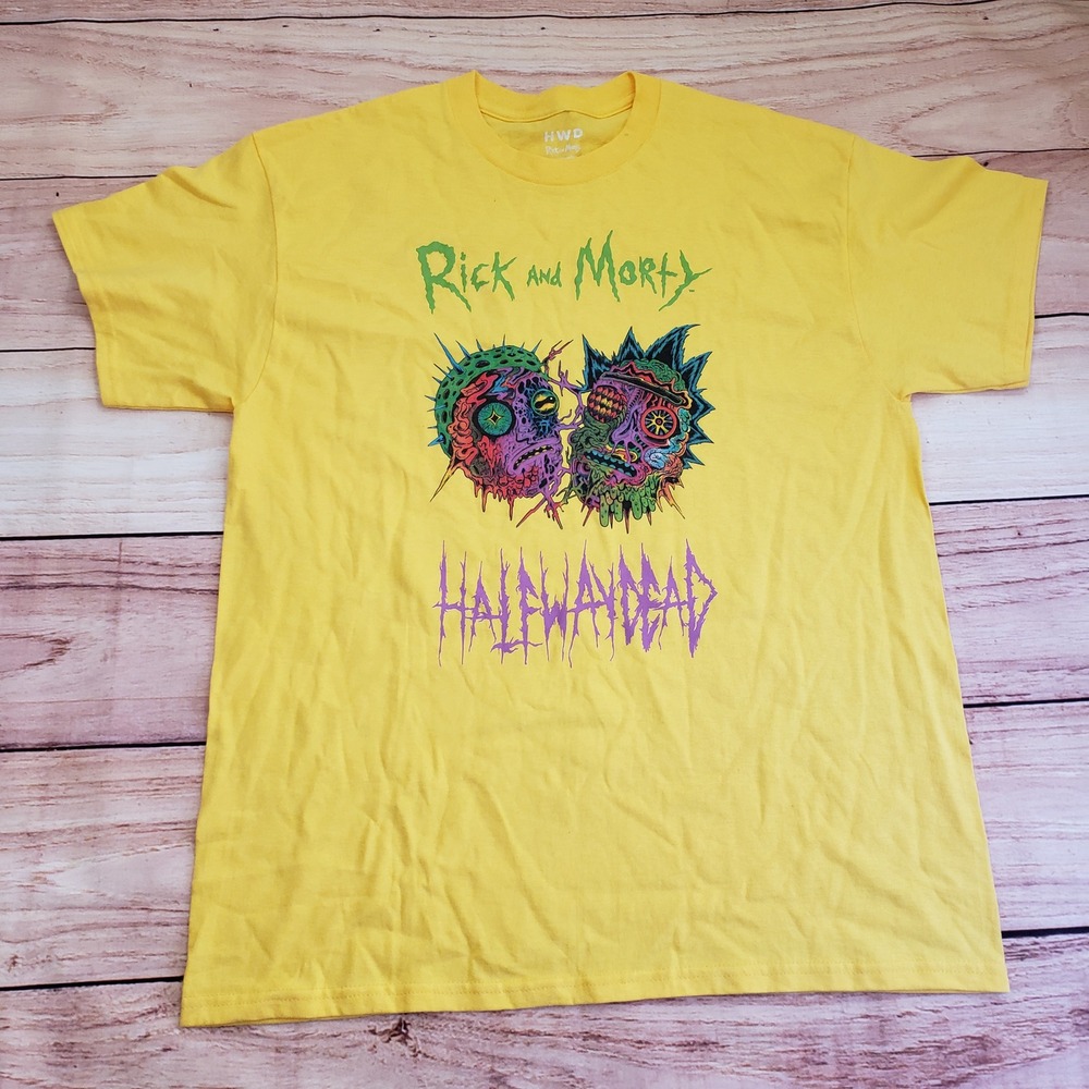 Rick and Morty Halfway Dead Shirt‎ Mens Large Yellow Graphic Tee Adult Swim